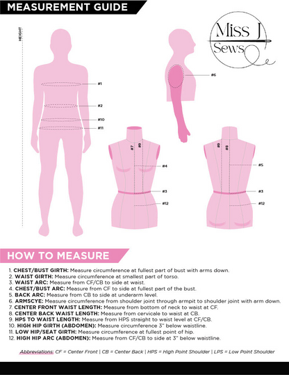 Miss J Sews Handy measurement Guide